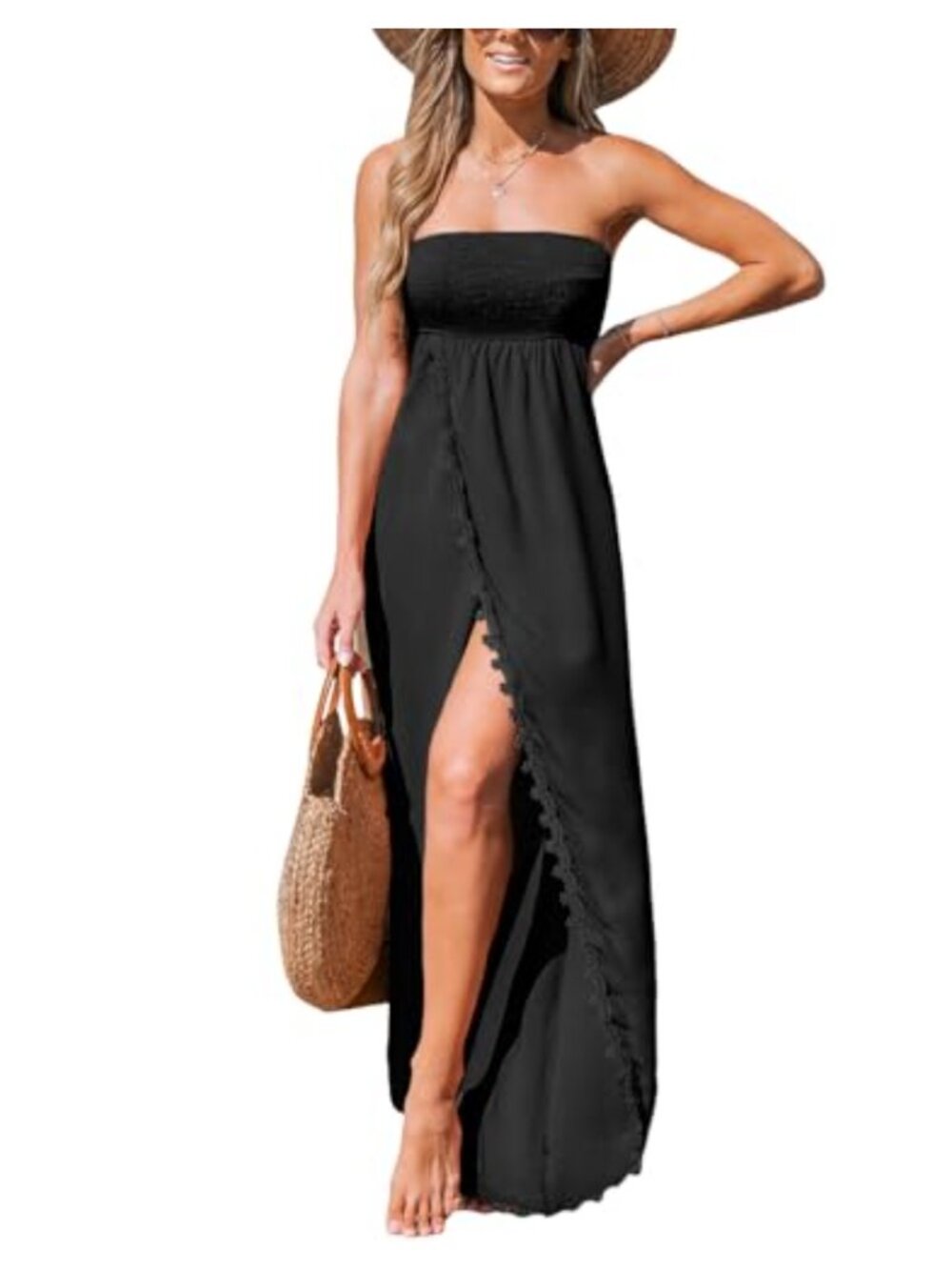 Sleeveless Strapless Smocked Maxi Dress Side Slit Formal